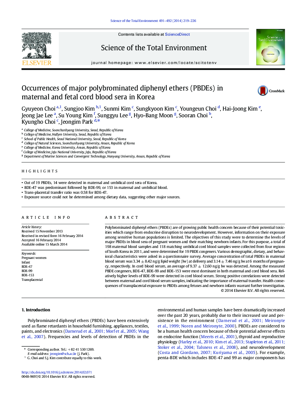 Occurrences of major polybrominated diphenyl ethers (PBDEs) in maternal and fetal cord blood sera in Korea