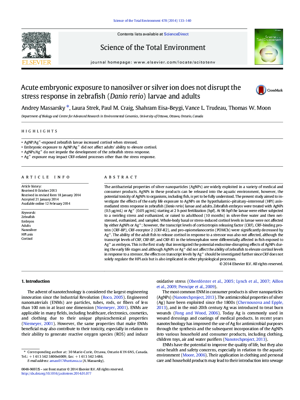 Acute embryonic exposure to nanosilver or silver ion does not disrupt the stress response in zebrafish (Danio rerio) larvae and adults