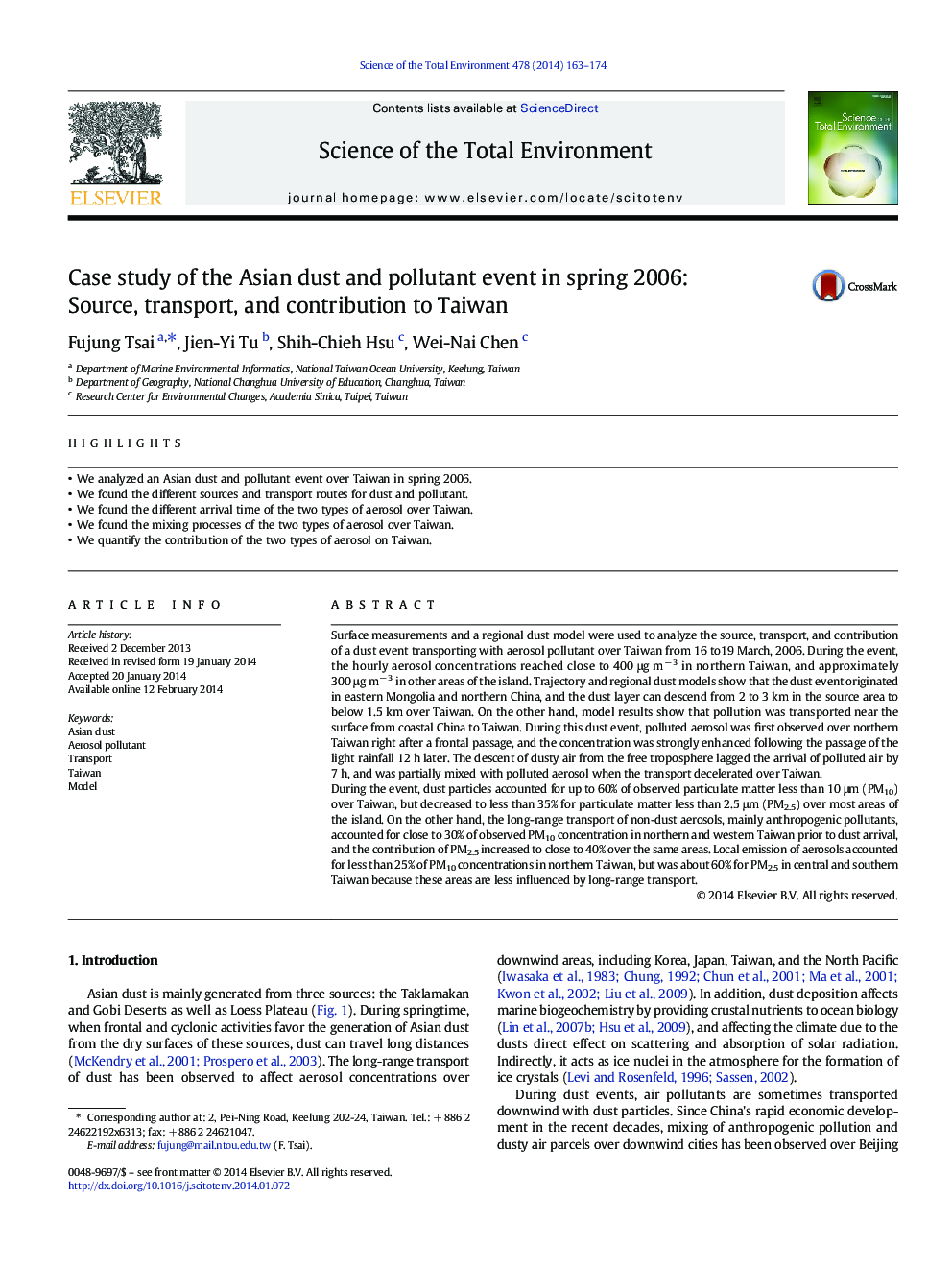 Case study of the Asian dust and pollutant event in spring 2006: Source, transport, and contribution to Taiwan