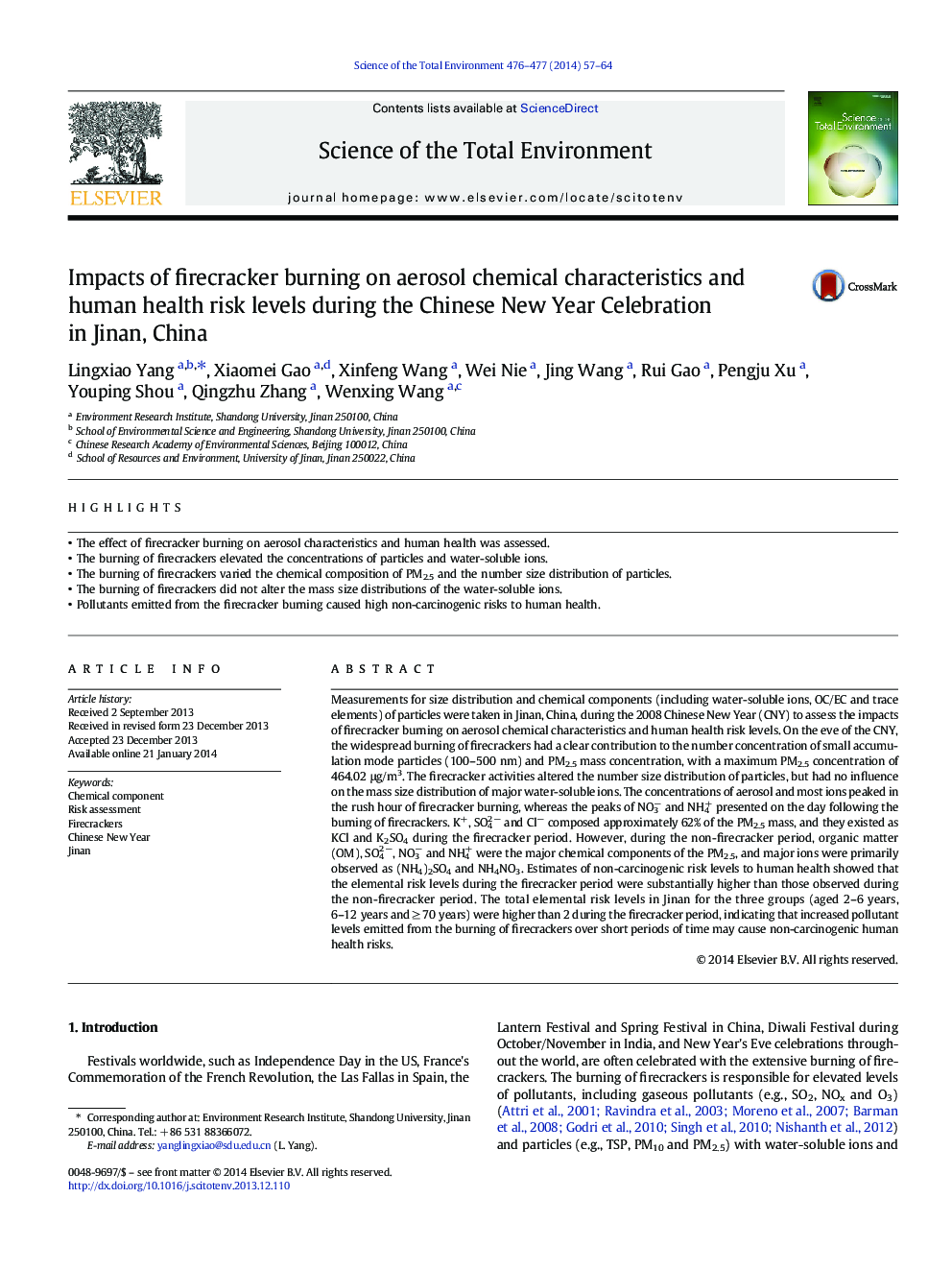 Impacts of firecracker burning on aerosol chemical characteristics and human health risk levels during the Chinese New Year Celebration in Jinan, China