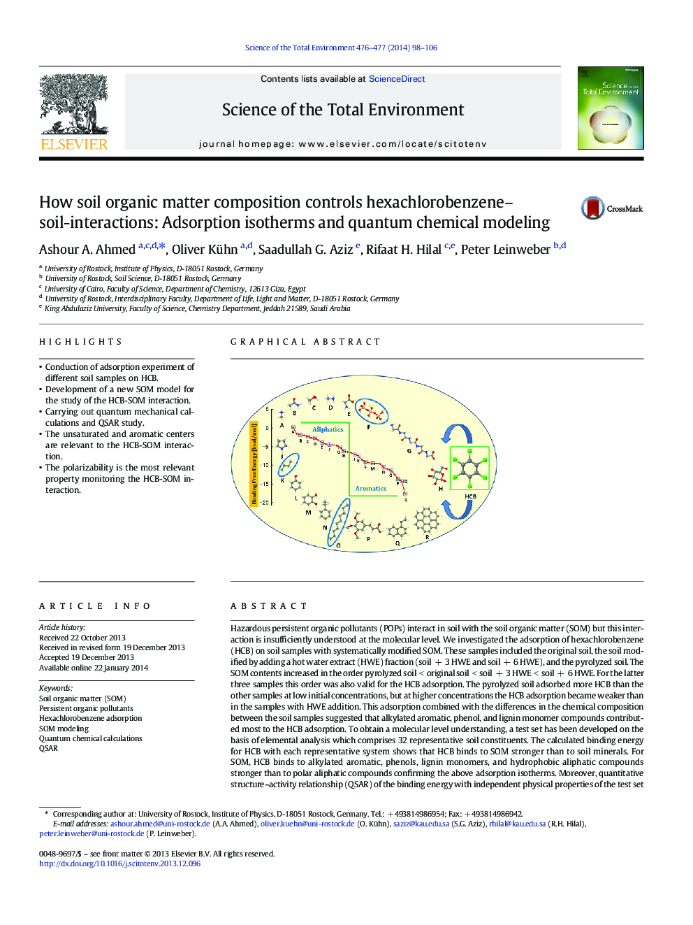 چگونگی ترکیب مواد خاک آلی خاک با همکشلروبنزنها: تعاملات خاک: ایزوترمهای جذب و مدلسازی شیمیایی کوانتومی 