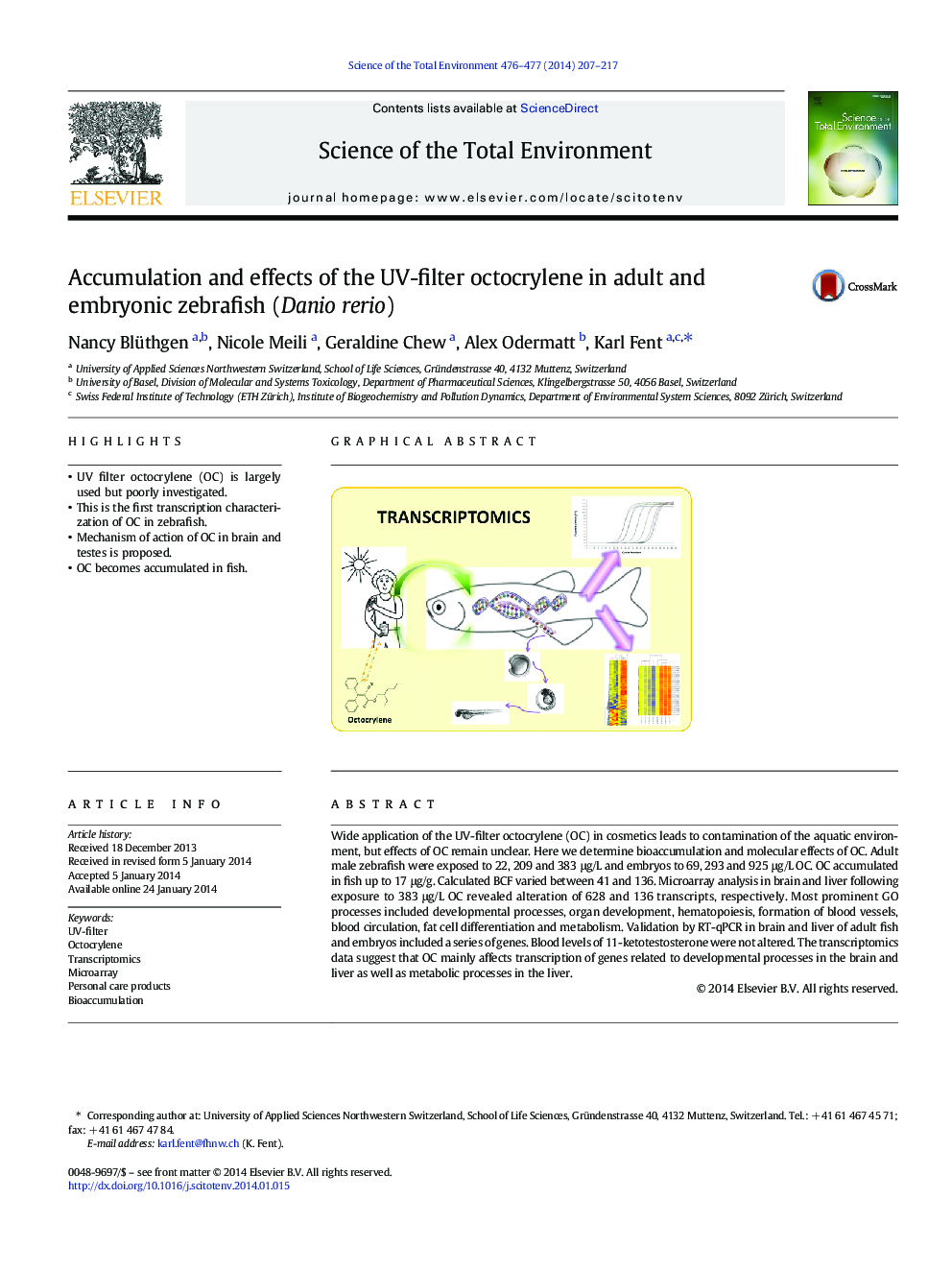 Accumulation and effects of the UV-filter octocrylene in adult and embryonic zebrafish (Danio rerio)