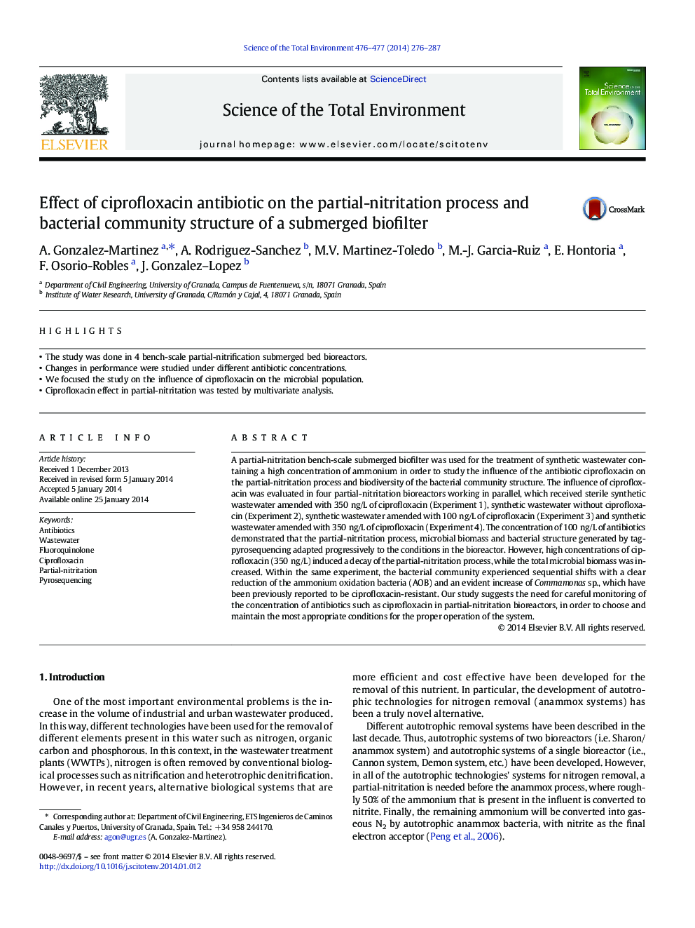 Effect of ciprofloxacin antibiotic on the partial-nitritation process and bacterial community structure of a submerged biofilter