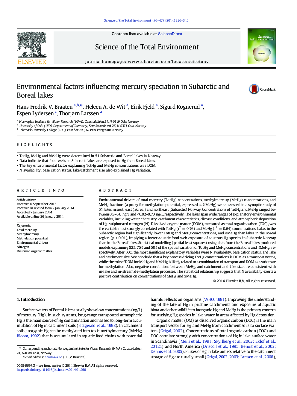 Environmental factors influencing mercury speciation in Subarctic and Boreal lakes