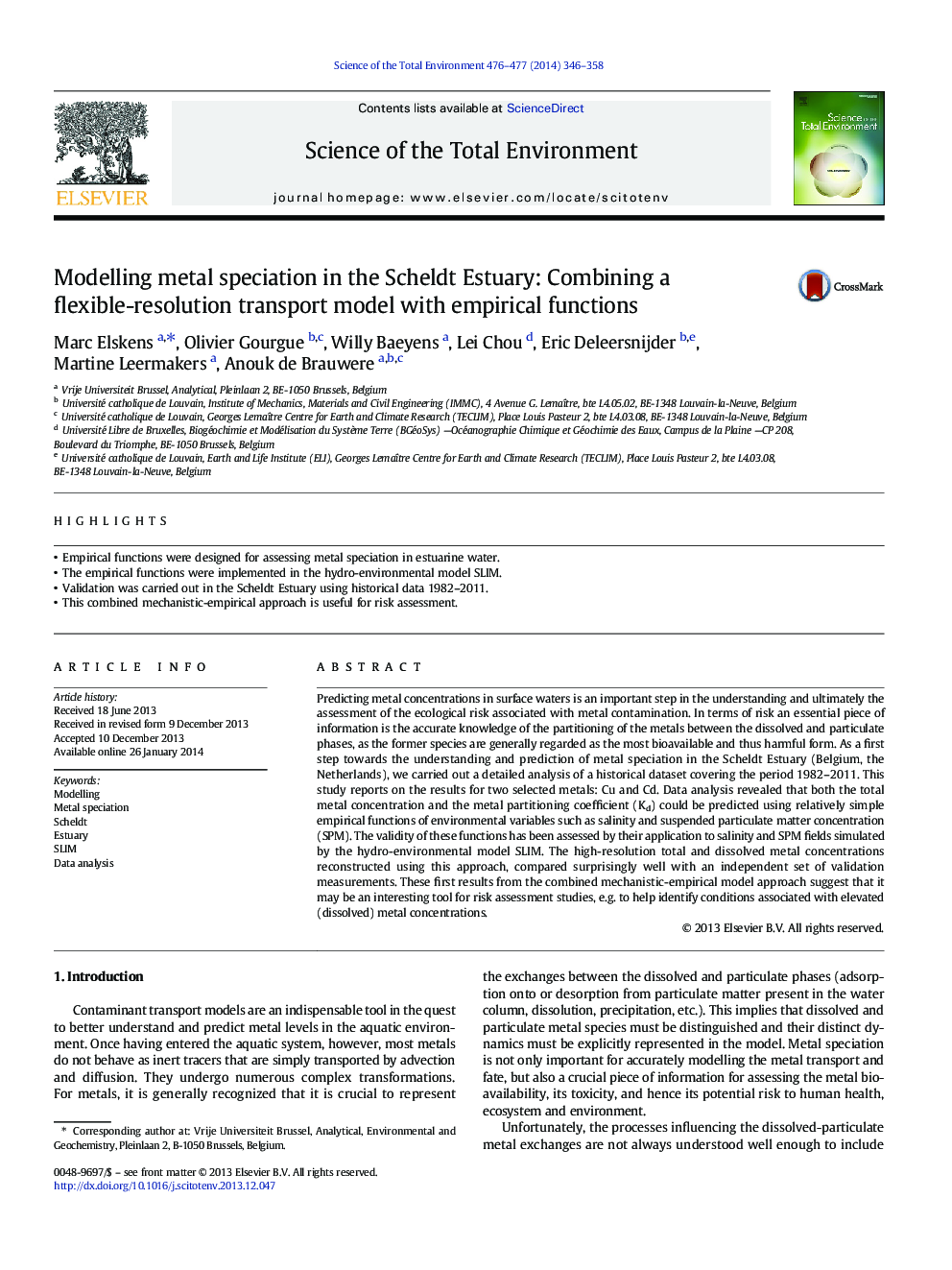 Modelling metal speciation in the Scheldt Estuary: Combining a flexible-resolution transport model with empirical functions