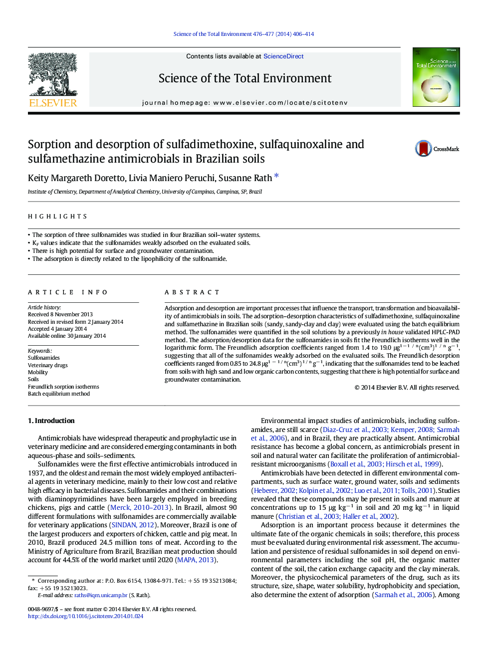 Sorption and desorption of sulfadimethoxine, sulfaquinoxaline and sulfamethazine antimicrobials in Brazilian soils