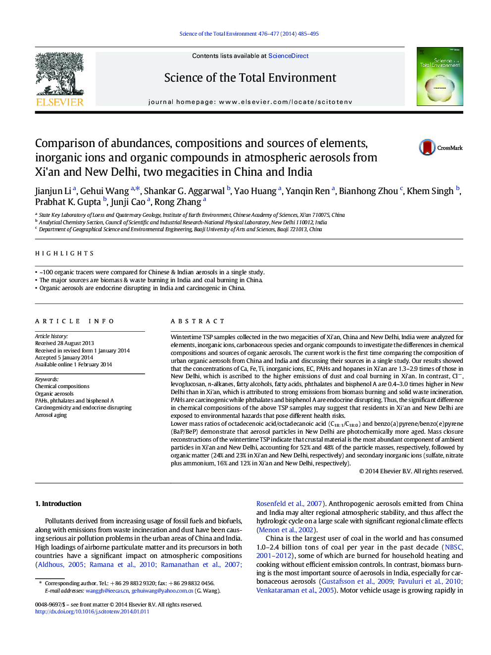 Comparison of abundances, compositions and sources of elements, inorganic ions and organic compounds in atmospheric aerosols from Xi'an and New Delhi, two megacities in China and India