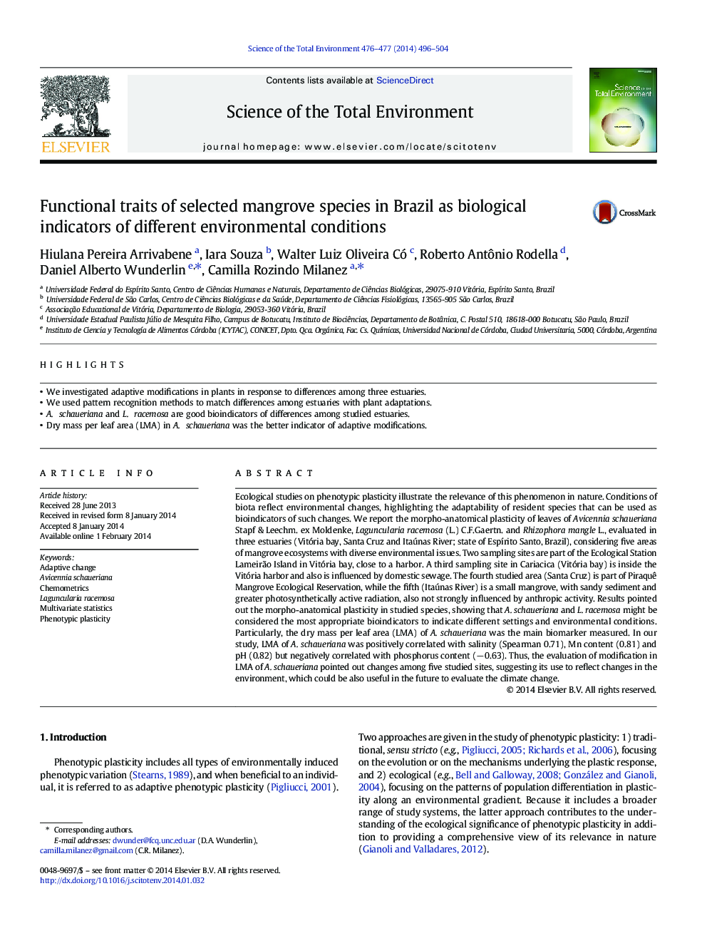 Functional traits of selected mangrove species in Brazil as biological indicators of different environmental conditions