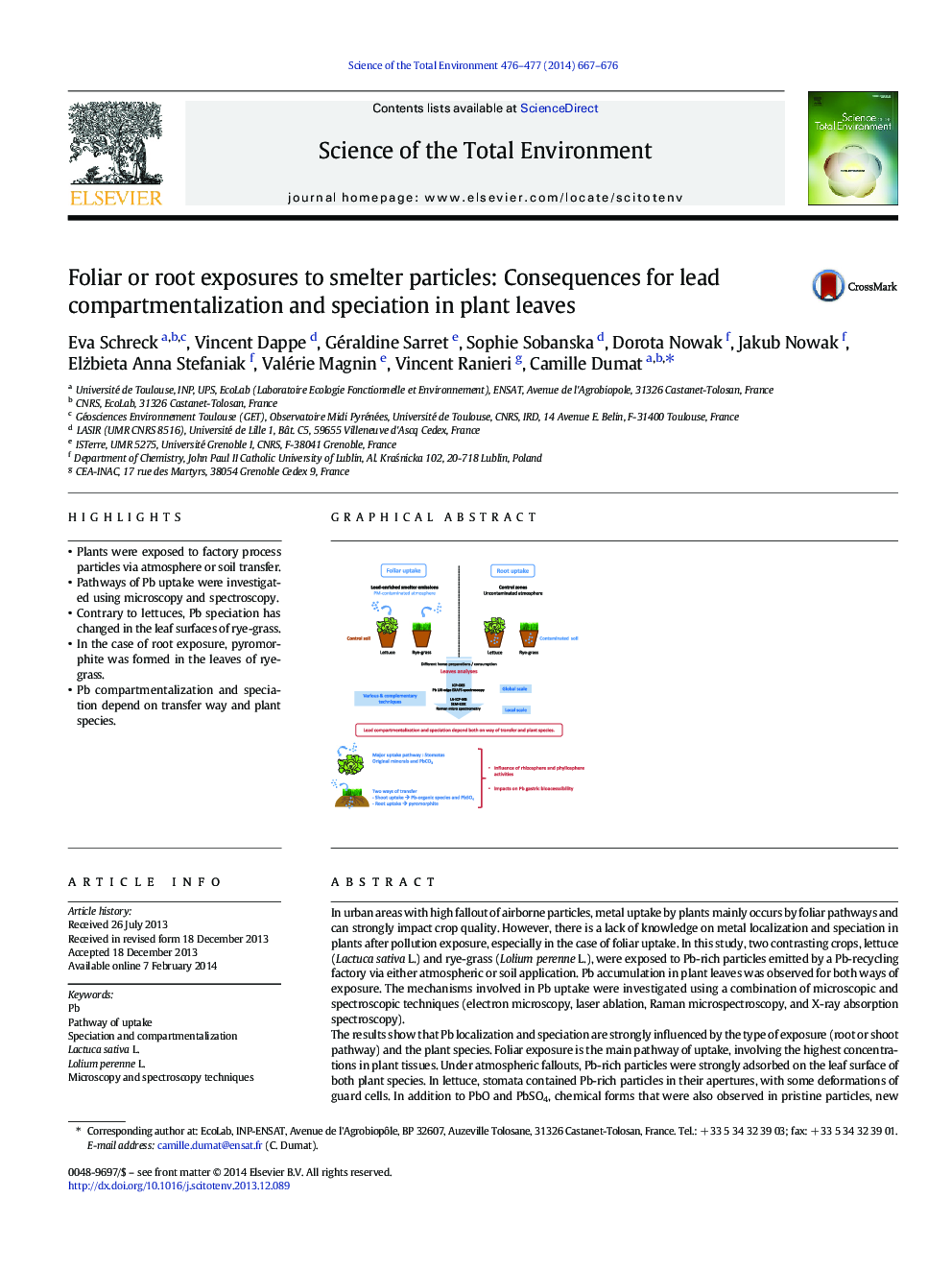 Foliar or root exposures to smelter particles: Consequences for lead compartmentalization and speciation in plant leaves