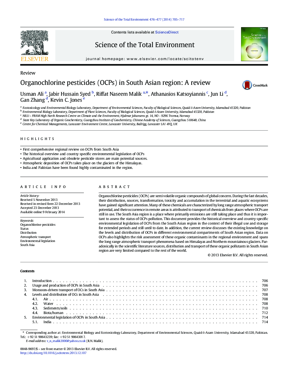 Organochlorine pesticides (OCPs) in South Asian region: A review