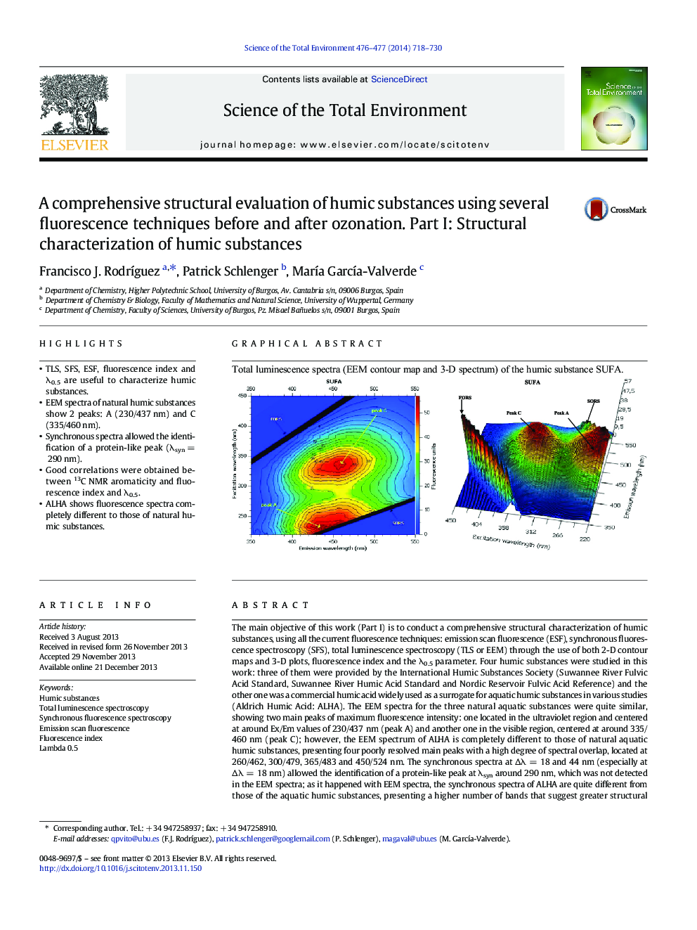 A comprehensive structural evaluation of humic substances using several fluorescence techniques before and after ozonation. Part I: Structural characterization of humic substances