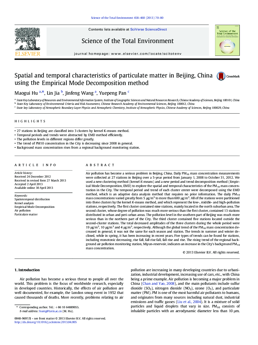 Spatial and temporal characteristics of particulate matter in Beijing, China using the Empirical Mode Decomposition method