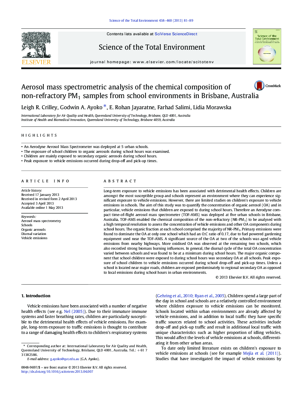 Aerosol mass spectrometric analysis of the chemical composition of non-refractory PM1 samples from school environments in Brisbane, Australia