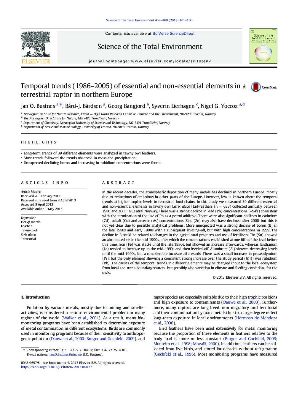 Temporal trends (1986–2005) of essential and non-essential elements in a terrestrial raptor in northern Europe