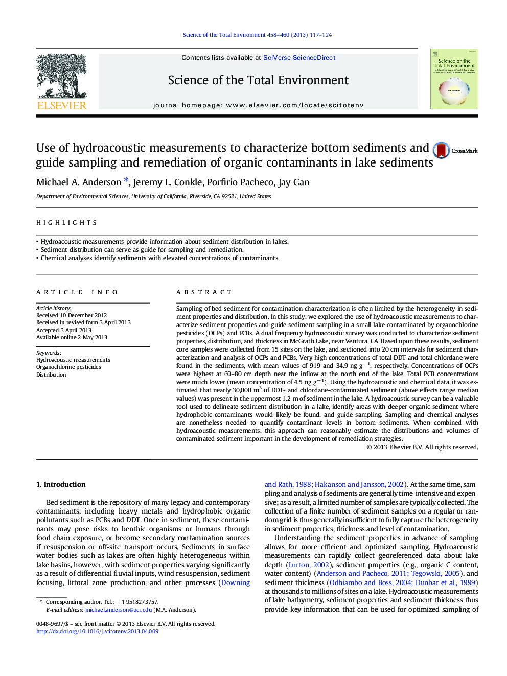 Use of hydroacoustic measurements to characterize bottom sediments and guide sampling and remediation of organic contaminants in lake sediments