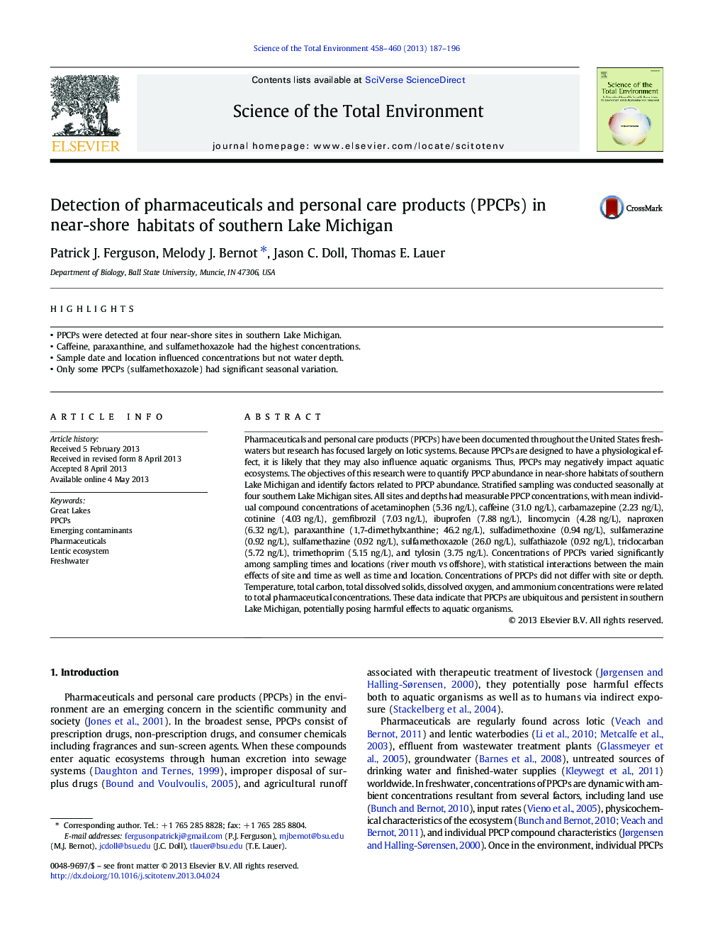 Detection of pharmaceuticals and personal care products (PPCPs) in near-shore habitats of southern Lake Michigan