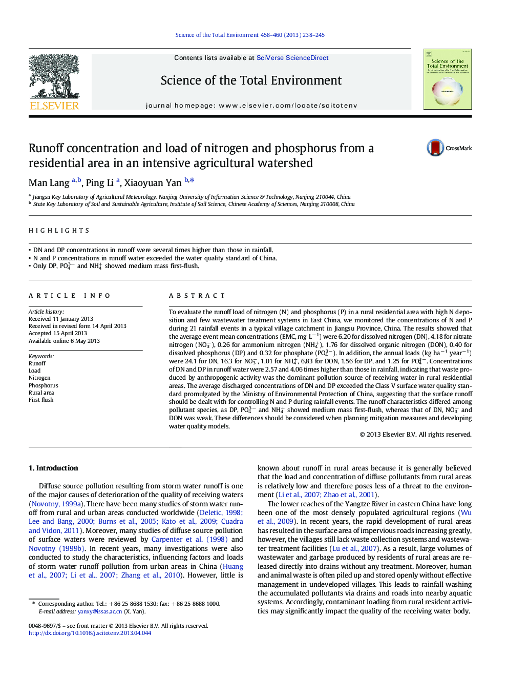 Runoff concentration and load of nitrogen and phosphorus from a residential area in an intensive agricultural watershed