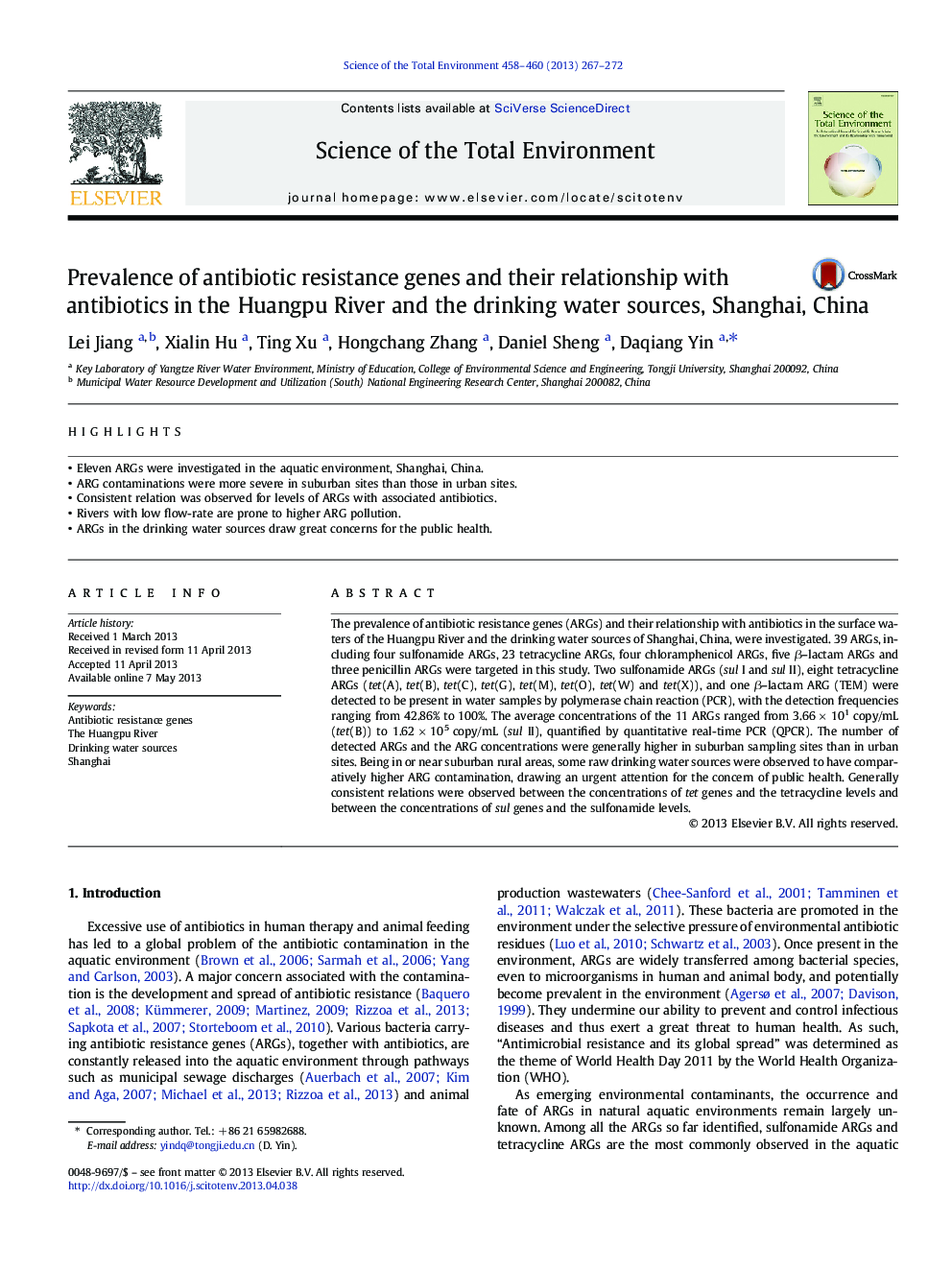 Prevalence of antibiotic resistance genes and their relationship with antibiotics in the Huangpu River and the drinking water sources, Shanghai, China