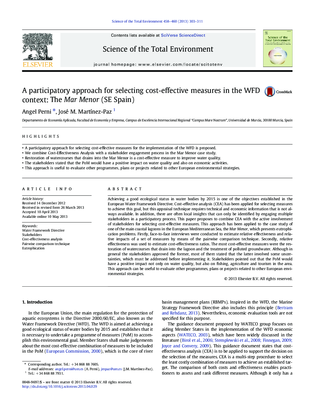 A participatory approach for selecting cost-effective measures in the WFD context: The Mar Menor (SE Spain)