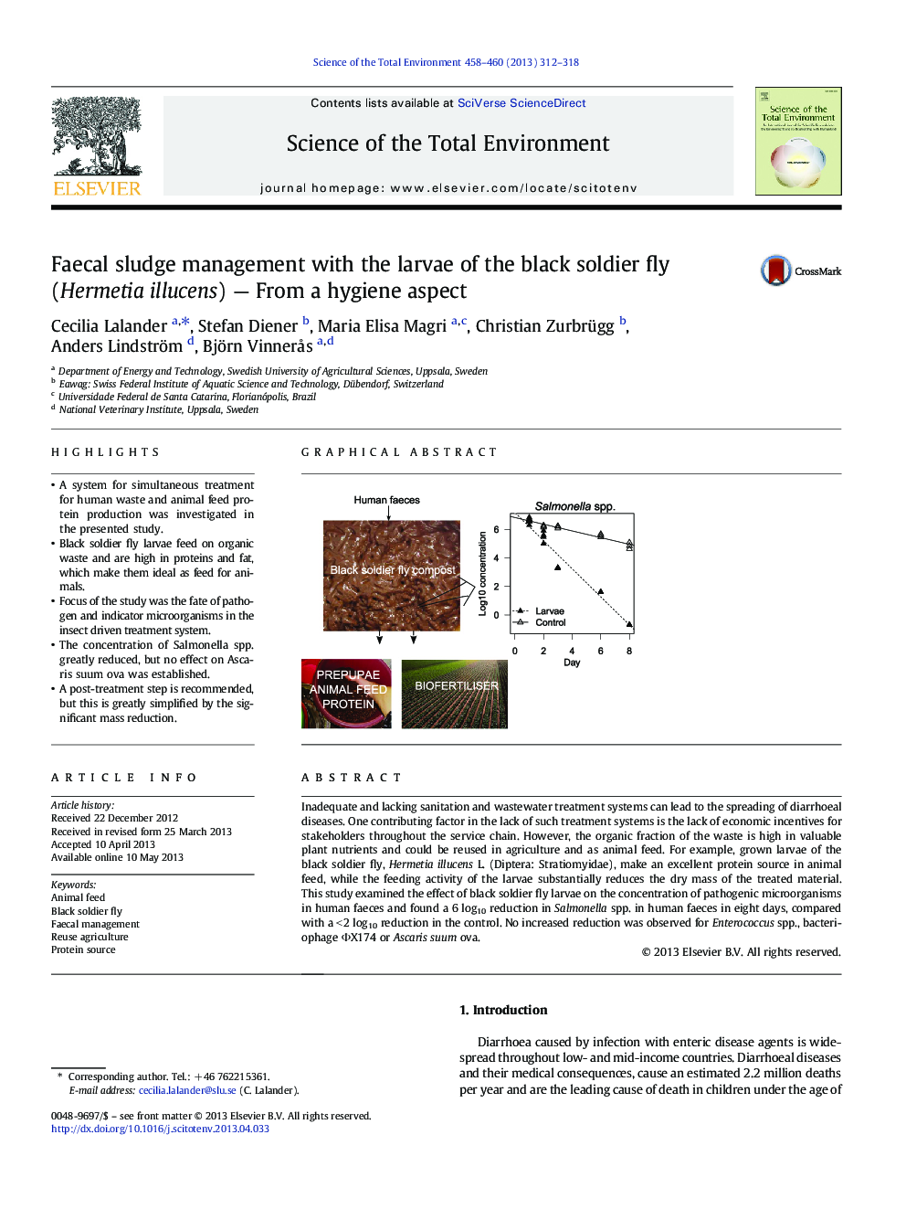 Faecal sludge management with the larvae of the black soldier fly (Hermetia illucens) — From a hygiene aspect