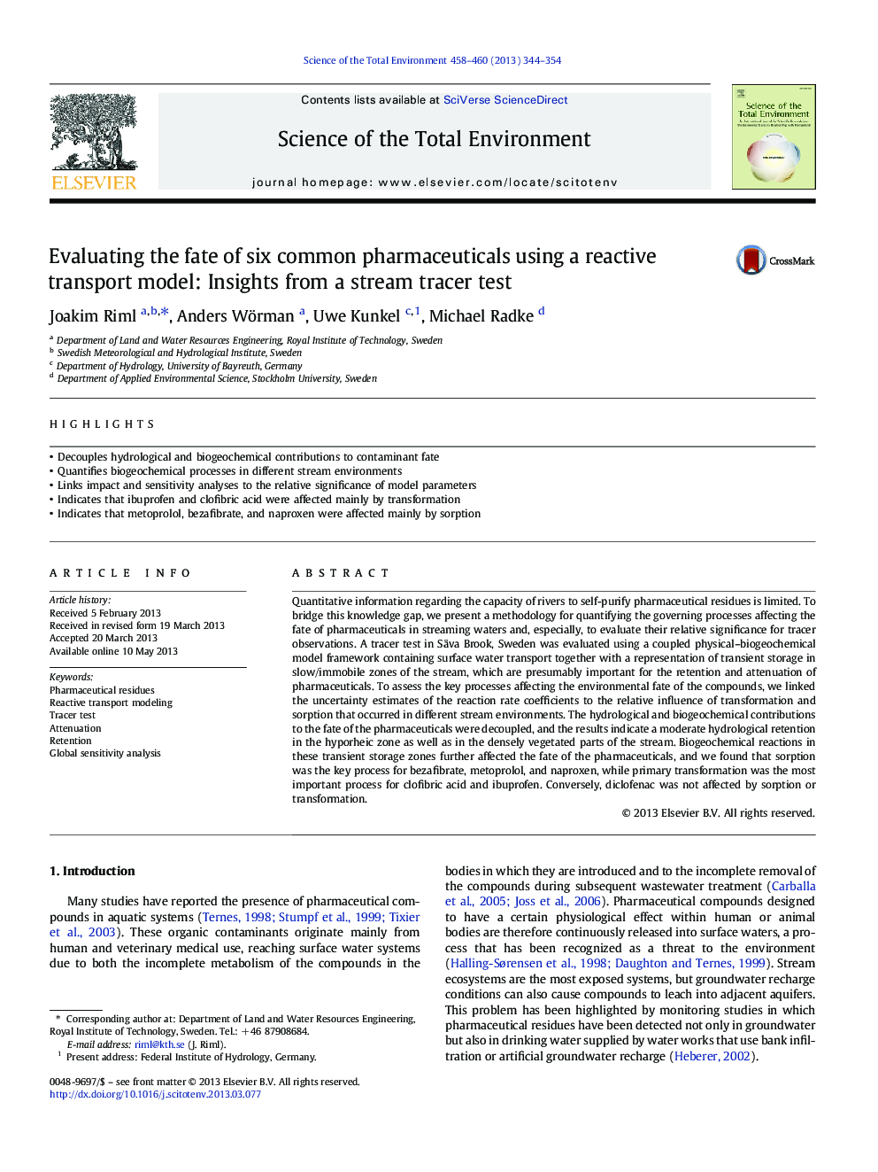 Evaluating the fate of six common pharmaceuticals using a reactive transport model: Insights from a stream tracer test