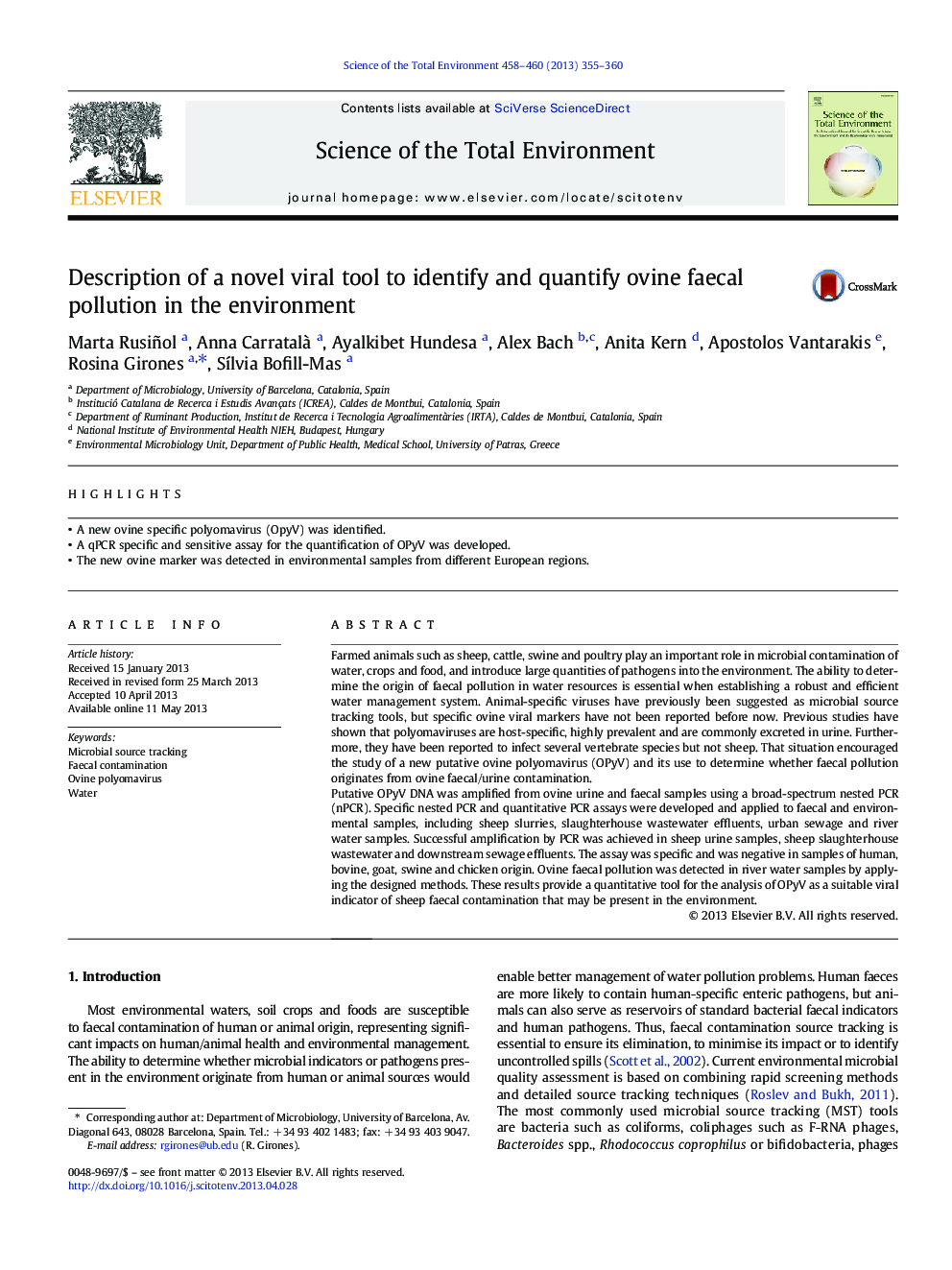 Description of a novel viral tool to identify and quantify ovine faecal pollution in the environment
