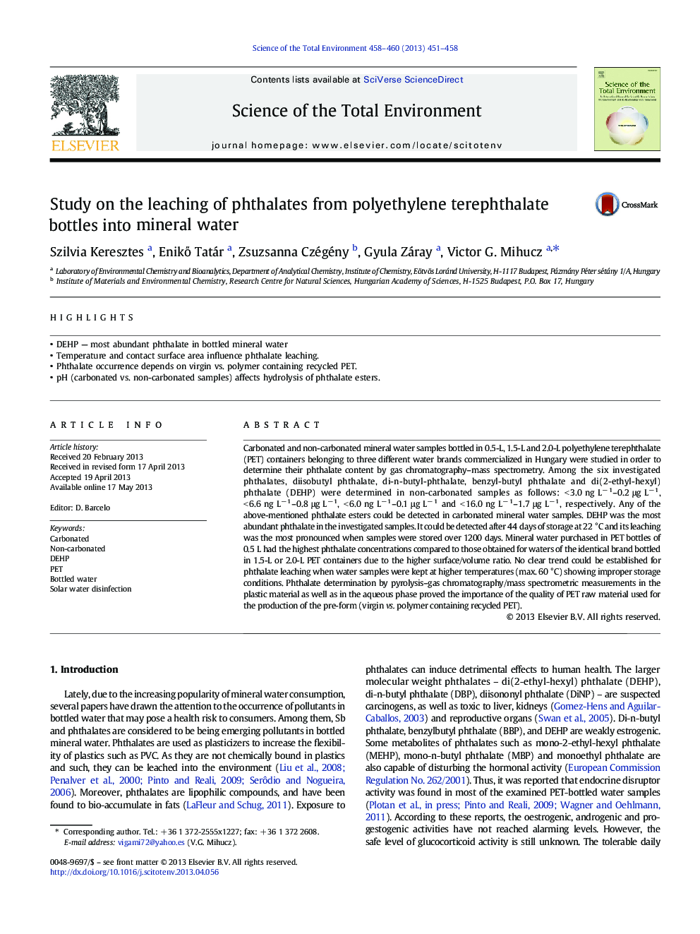 Study on the leaching of phthalates from polyethylene terephthalate bottles into mineral water