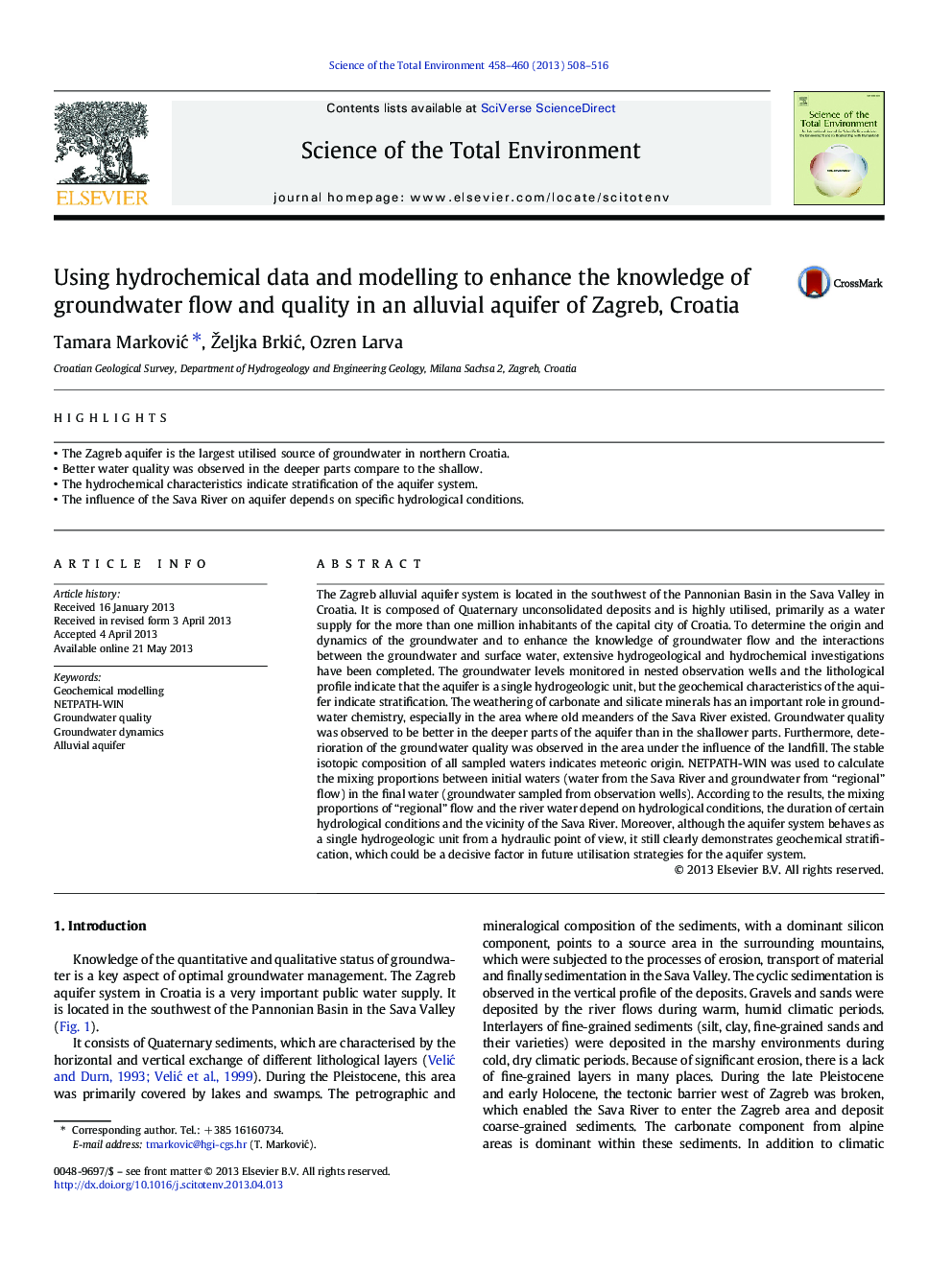 Using hydrochemical data and modelling to enhance the knowledge of groundwater flow and quality in an alluvial aquifer of Zagreb, Croatia