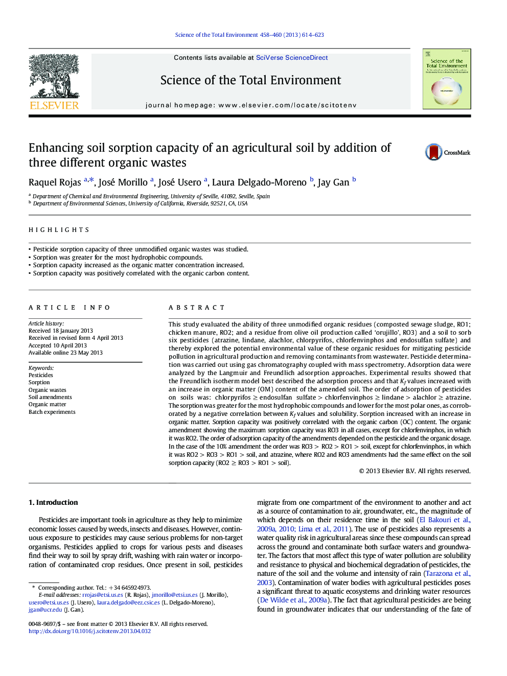 Enhancing soil sorption capacity of an agricultural soil by addition of three different organic wastes