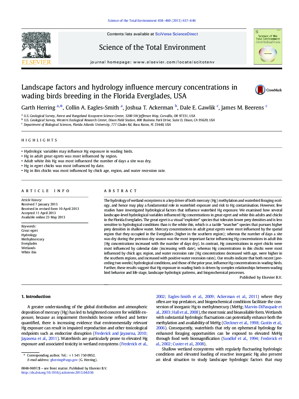 Landscape factors and hydrology influence mercury concentrations in wading birds breeding in the Florida Everglades, USA