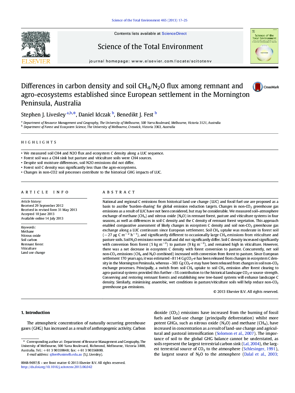 Differences in carbon density and soil CH4/N2O flux among remnant and agro-ecosystems established since European settlement in the Mornington Peninsula, Australia