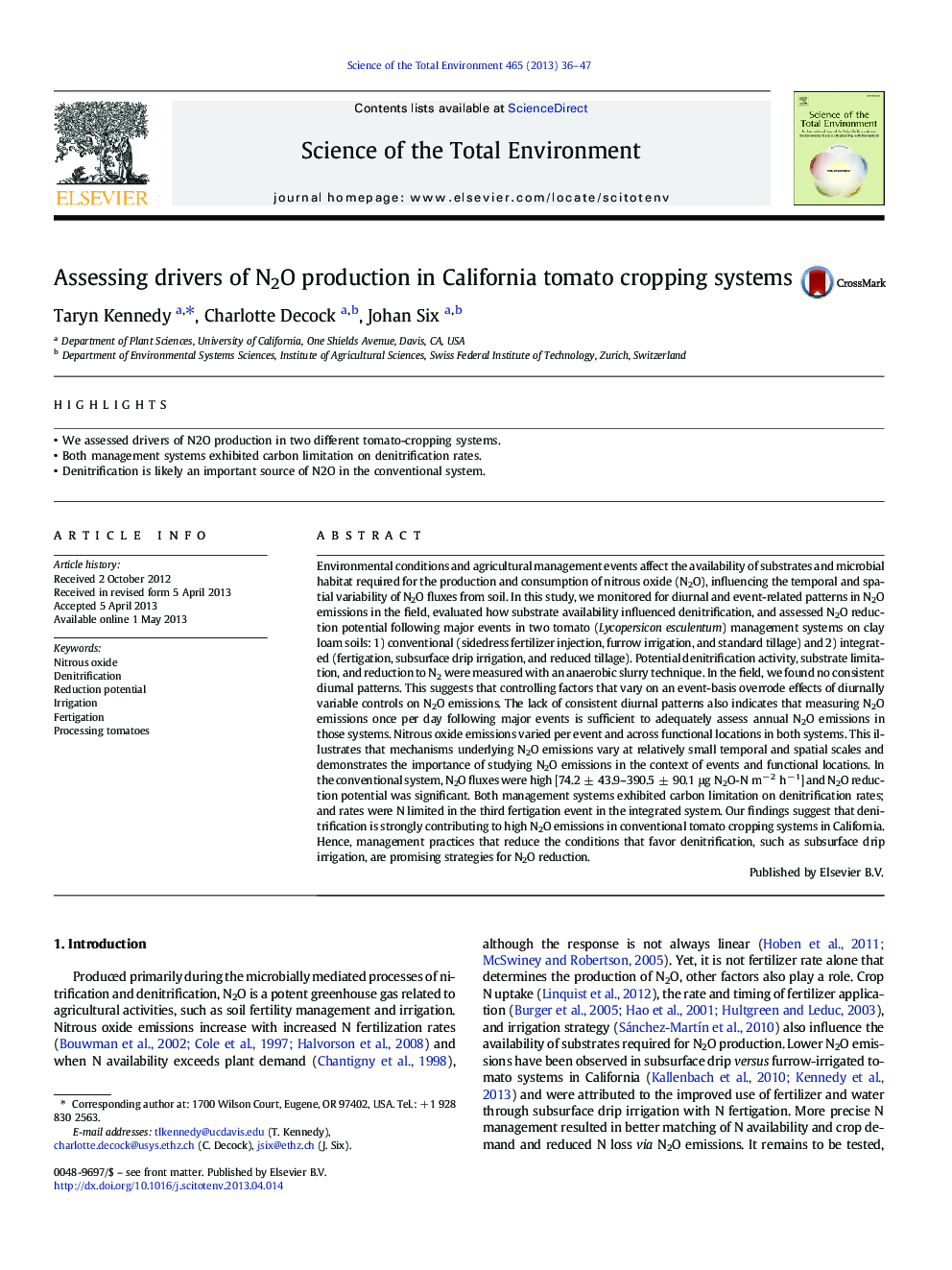 Assessing drivers of N2O production in California tomato cropping systems