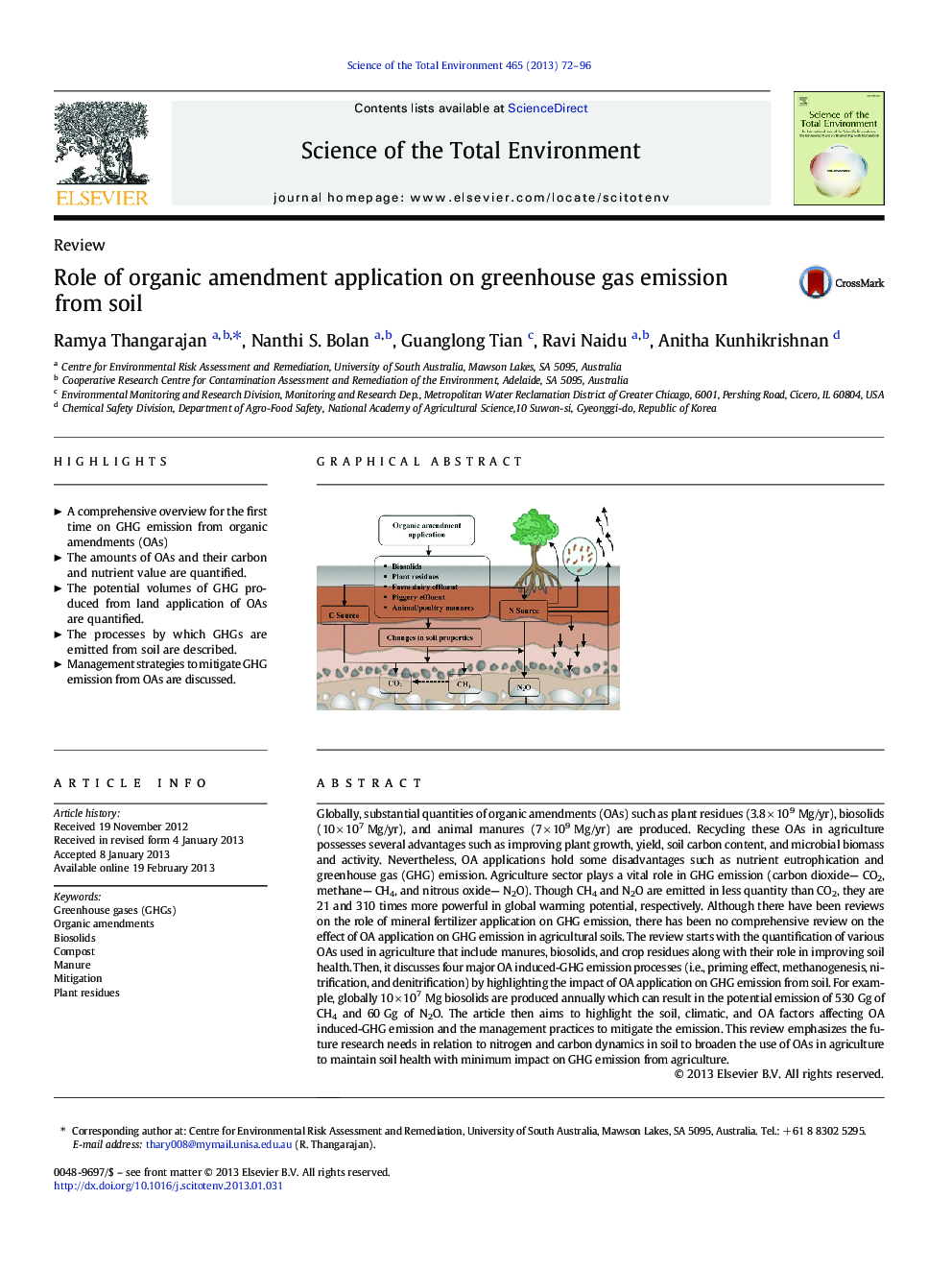 Role of organic amendment application on greenhouse gas emission from soil