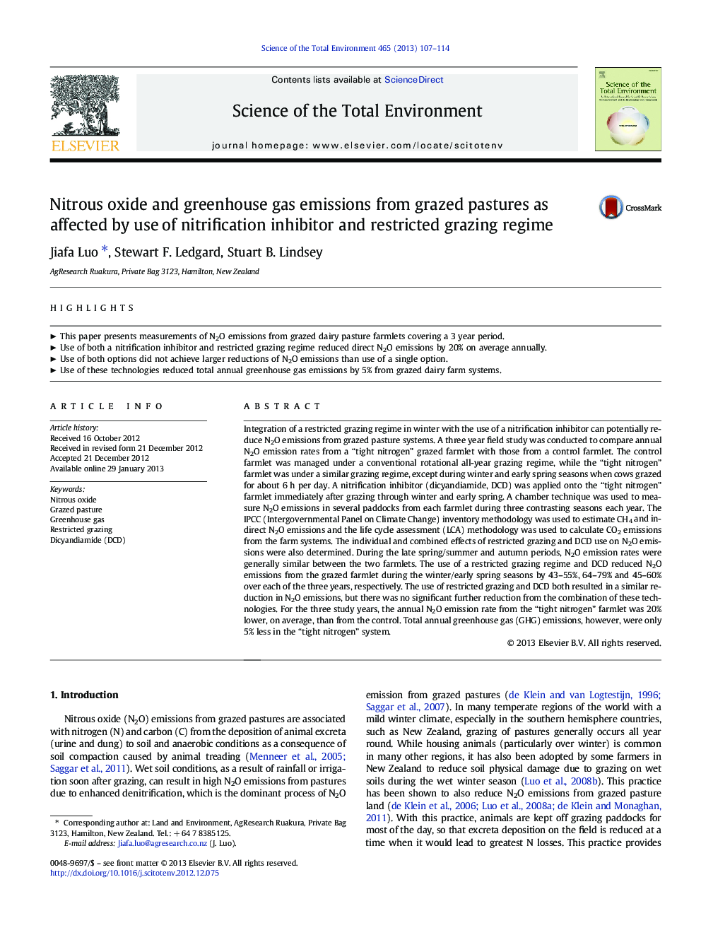 Nitrous oxide and greenhouse gas emissions from grazed pastures as affected by use of nitrification inhibitor and restricted grazing regime