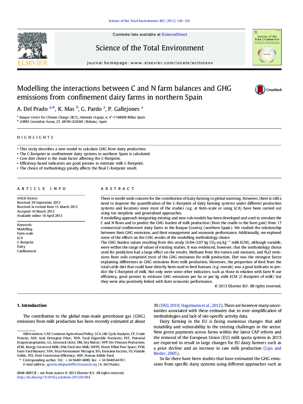 Modelling the interactions between C and N farm balances and GHG emissions from confinement dairy farms in northern Spain