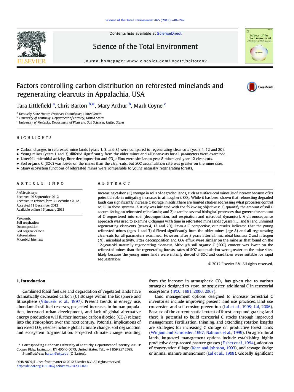 Factors controlling carbon distribution on reforested minelands and regenerating clearcuts in Appalachia, USA