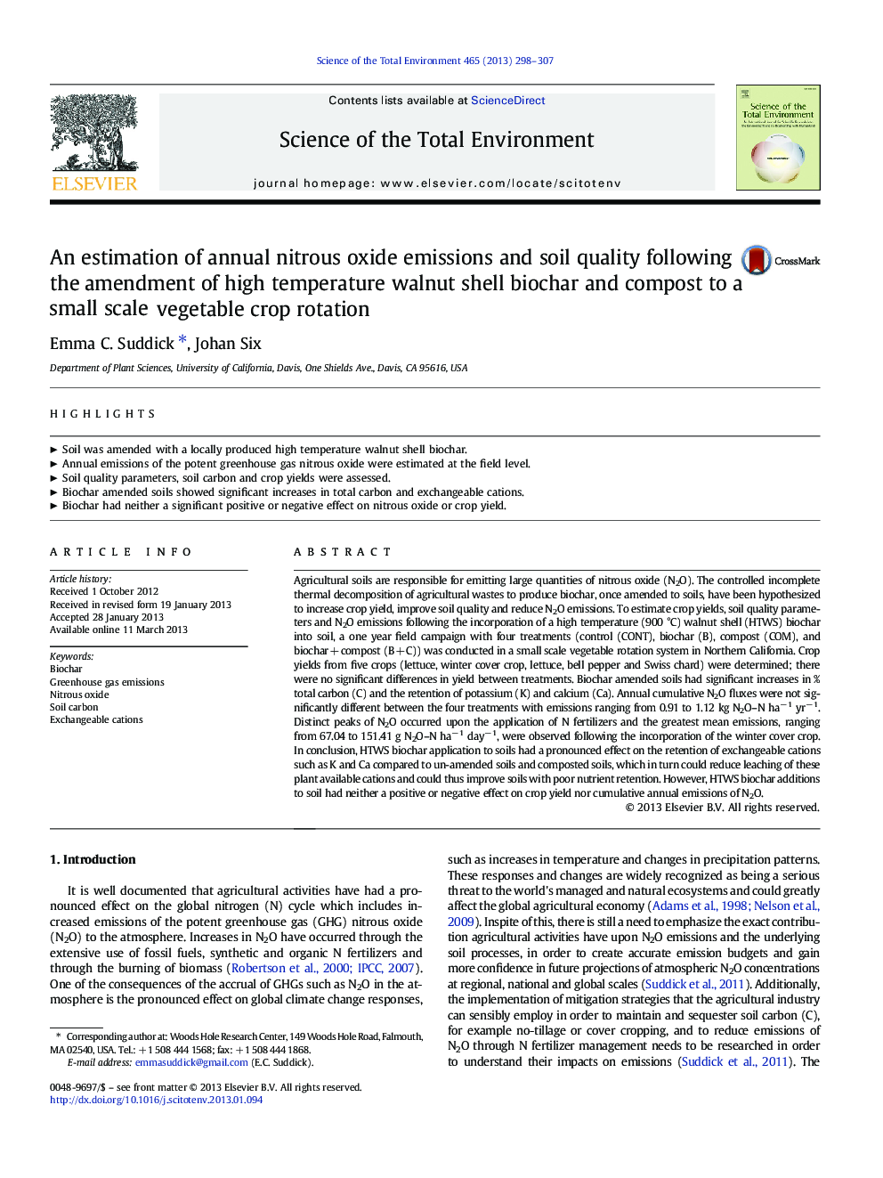 An estimation of annual nitrous oxide emissions and soil quality following the amendment of high temperature walnut shell biochar and compost to a small scale vegetable crop rotation