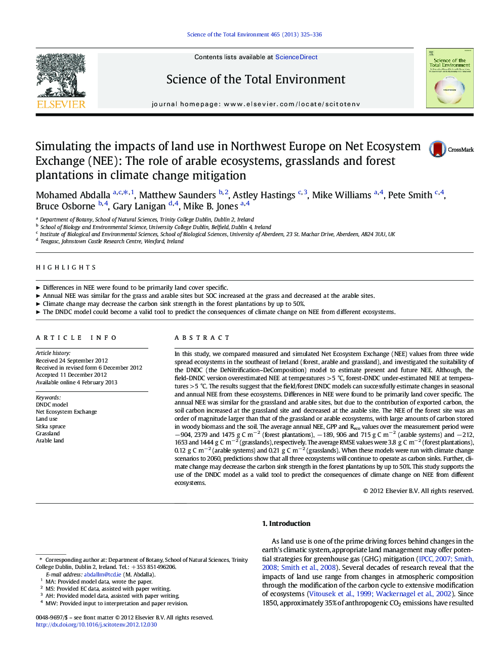 Simulating the impacts of land use in Northwest Europe on Net Ecosystem Exchange (NEE): The role of arable ecosystems, grasslands and forest plantations in climate change mitigation