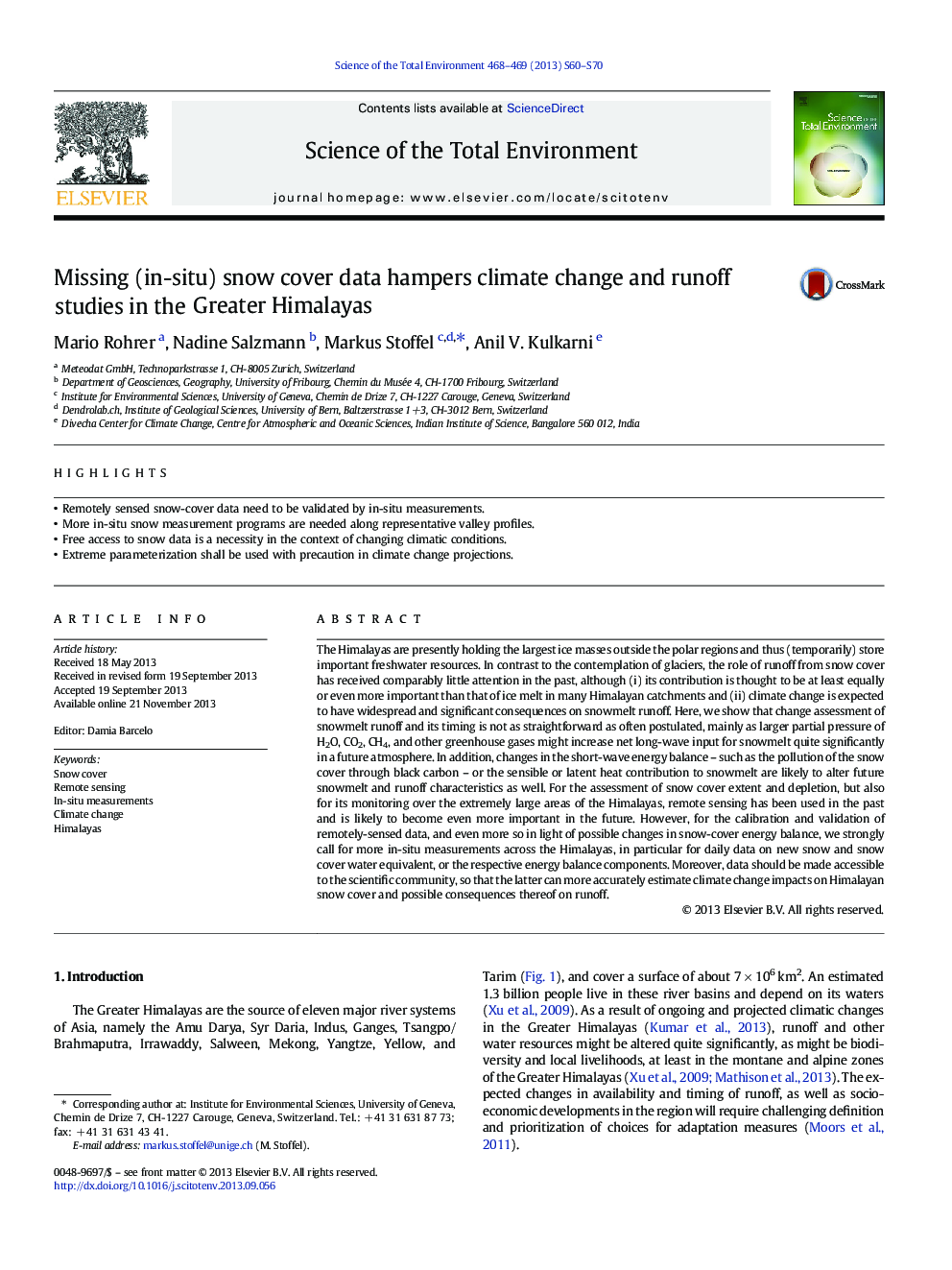 Missing (in-situ) snow cover data hampers climate change and runoff studies in the Greater Himalayas