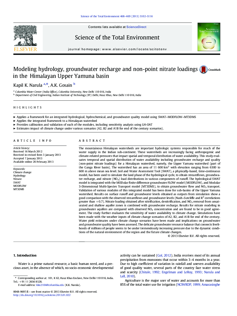 Modeling hydrology, groundwater recharge and non-point nitrate loadings in the Himalayan Upper Yamuna basin