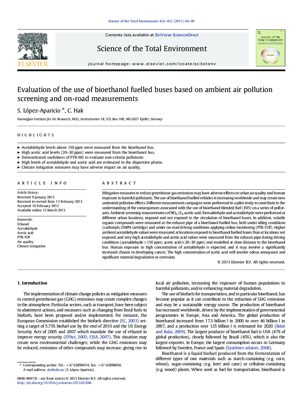 Evaluation of the use of bioethanol fuelled buses based on ambient air pollution screening and on-road measurements