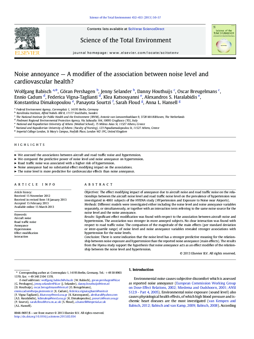 Noise annoyance — A modifier of the association between noise level and cardiovascular health?