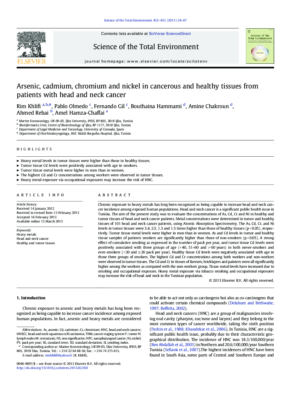 Arsenic, cadmium, chromium and nickel in cancerous and healthy tissues from patients with head and neck cancer