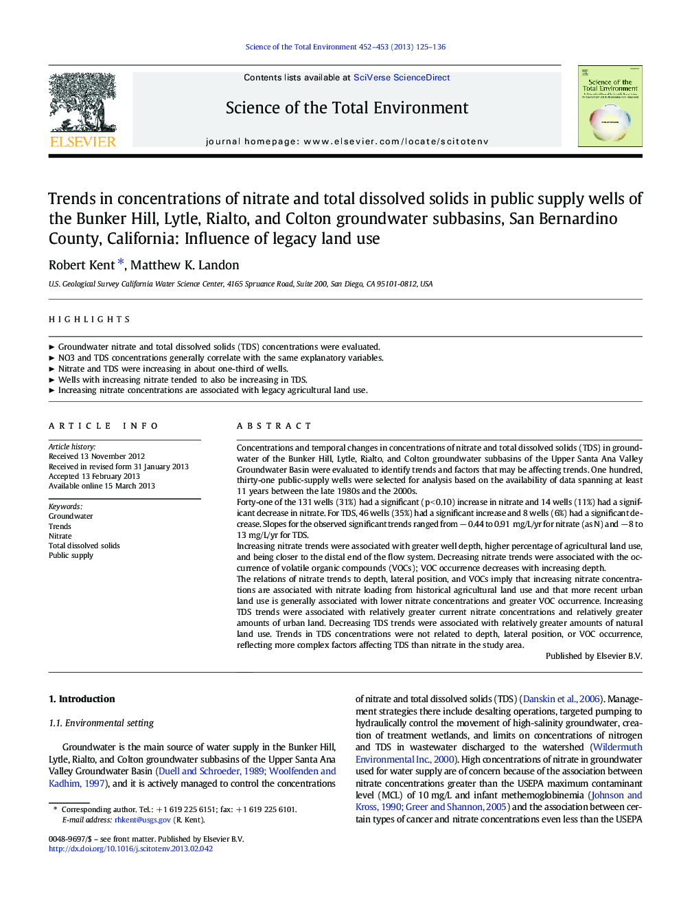 Trends in concentrations of nitrate and total dissolved solids in public supply wells of the Bunker Hill, Lytle, Rialto, and Colton groundwater subbasins, San Bernardino County, California: Influence of legacy land use