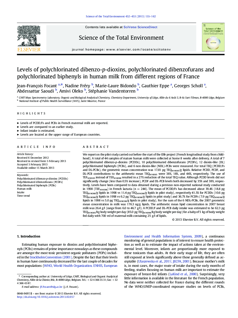 Levels of polychlorinated dibenzo-p-dioxins, polychlorinated dibenzofurans and polychlorinated biphenyls in human milk from different regions of France