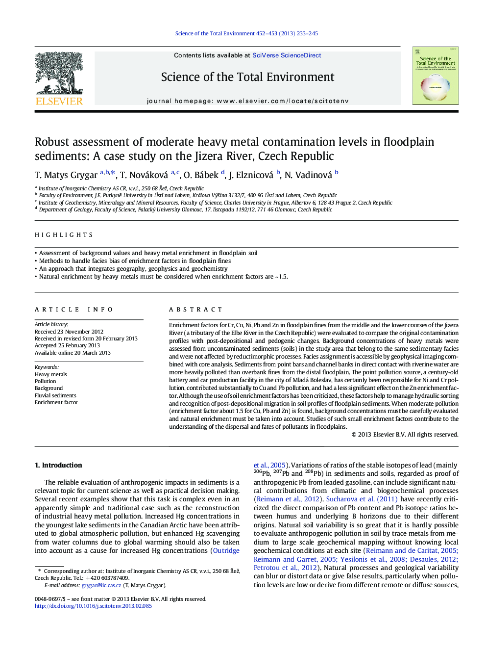 Robust assessment of moderate heavy metal contamination levels in floodplain sediments: A case study on the Jizera River, Czech Republic