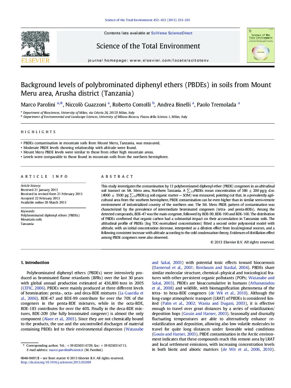 Background levels of polybrominated diphenyl ethers (PBDEs) in soils from Mount Meru area, Arusha district (Tanzania)