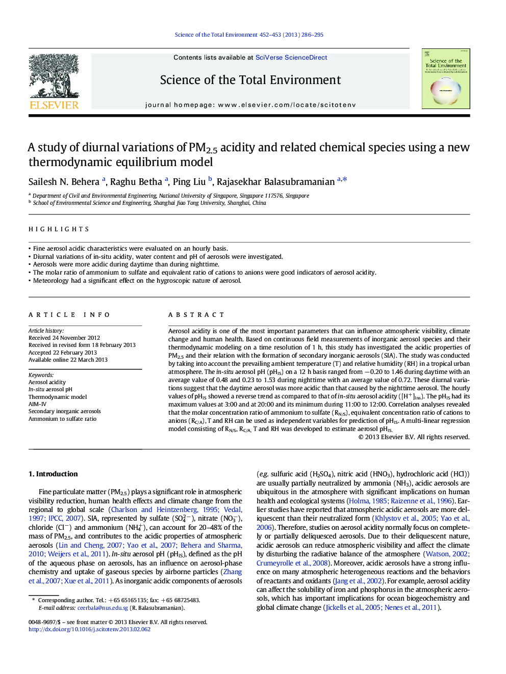 A study of diurnal variations of PM2.5 acidity and related chemical species using a new thermodynamic equilibrium model