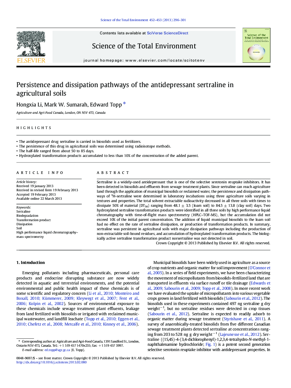 Persistence and dissipation pathways of the antidepressant sertraline in agricultural soils