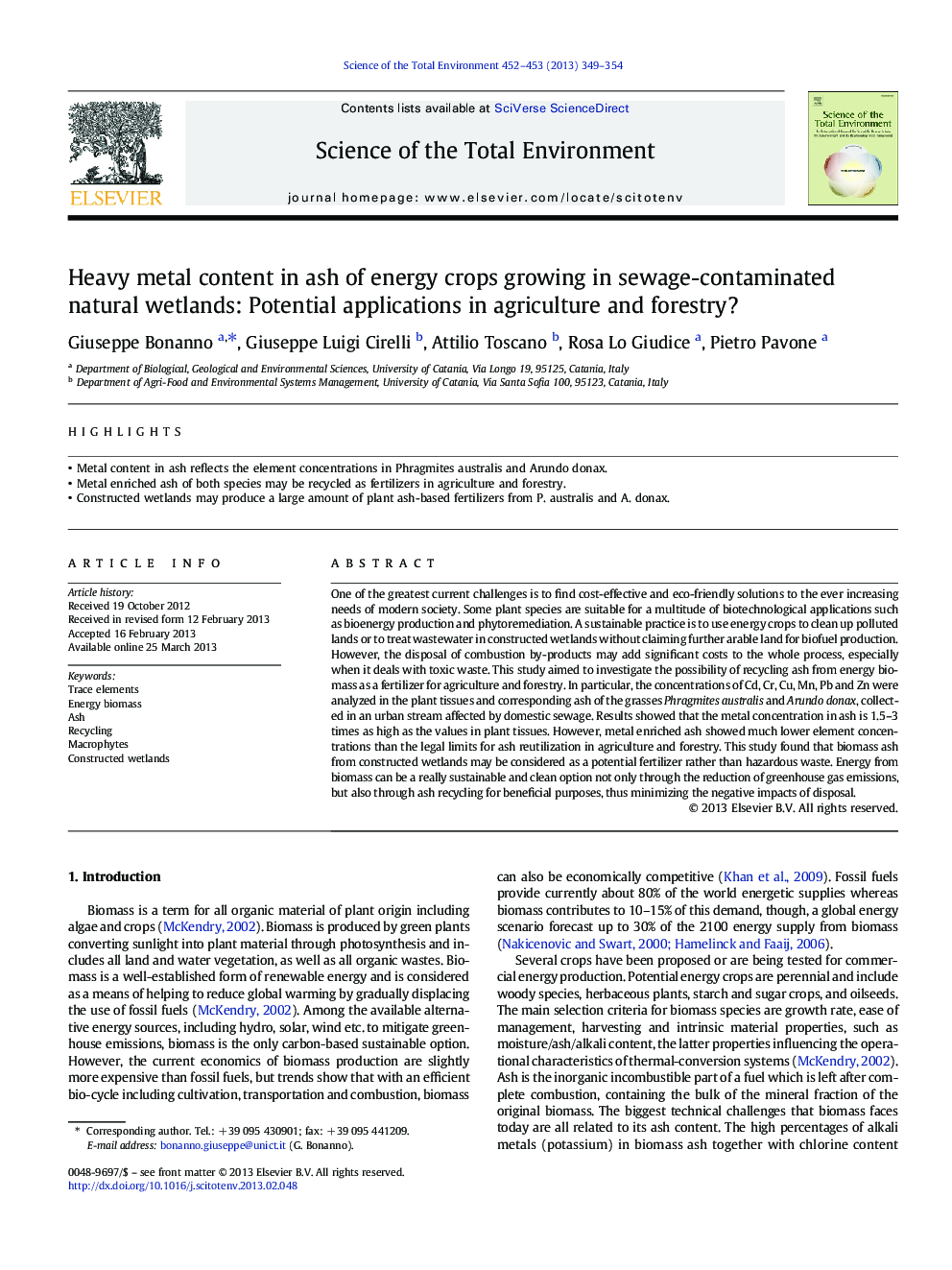 Heavy metal content in ash of energy crops growing in sewage-contaminated natural wetlands: Potential applications in agriculture and forestry?